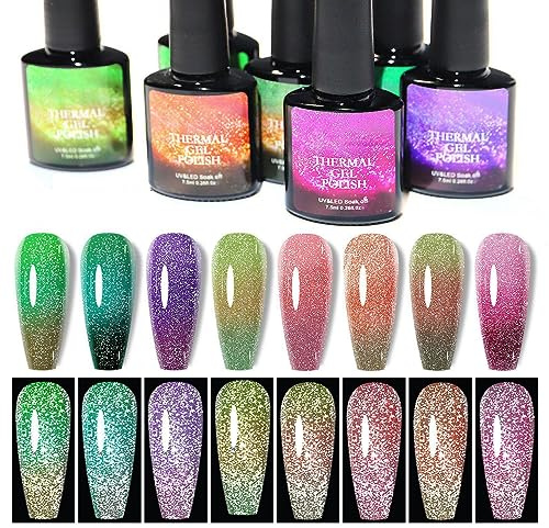 Thermo Effekt Nagellack Temperaturwechsel, Gel Nagellack Farbwechsel Uv Gel Nail Art, Thermo Farbgel Chamäleon Nagelgel, Temperature Change Nail Polish Fairy Color Gradient Nails (8 Pcs Set)
