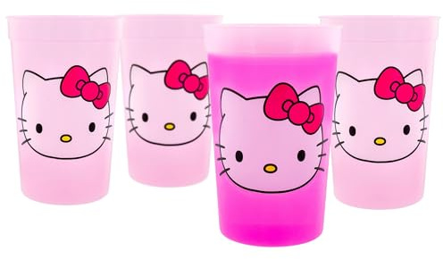 Silver Buffalo Sanrio Hello Kitty 4-Piece Color-Change Plastic Cup Set | Each Holds 15 Ounces | Pack, 0.44 Liters