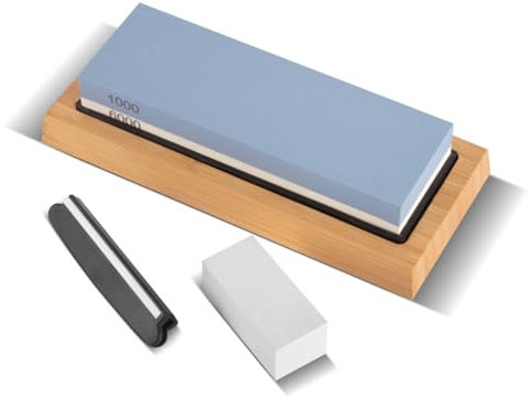 STAHLWERK Schleifstein Set mit 1000 | 6000 Körnung Doppelseitiger 2-in-1 Wetzstein | Schärfstein | Abziehstein | Messerschärfer mit Führungsschiene und rutschfestem Standfuß