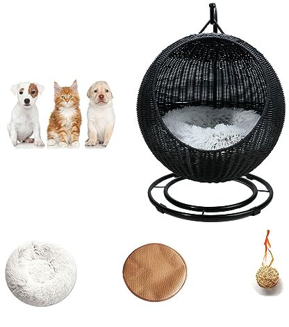 QLXYYFC Katzenbetten für Hauskatzen, Erhöhtes Katzenbett aus Rattan, Katzenzeltbett, Katzenhängematte mit Abnehmbarem, Waschbarem Kissen, Katzenschaukelbett (Color : Noir, Size : 43cm X 66cm)