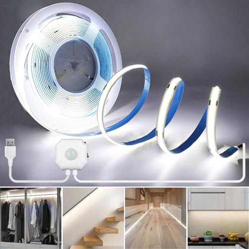 RYE Motion Sensor COB LED 5V USB Strip Light 2M 6000K Cold White,Stay on & Detection Lighting Modes,for DIY Lighting in Bedroom/Kitchen/Staircase/Corridor etc. Power Supply Excluded.