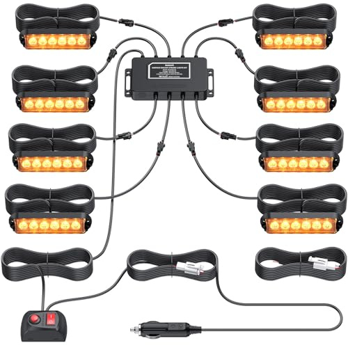Justech 8pcs 6LED Feu d'Avertissement Clignotant Avant Stroboscopique 30 Modes IP65 Étanche Radar pour Urgence 12/24V Réparation Camion Voiture Ambre