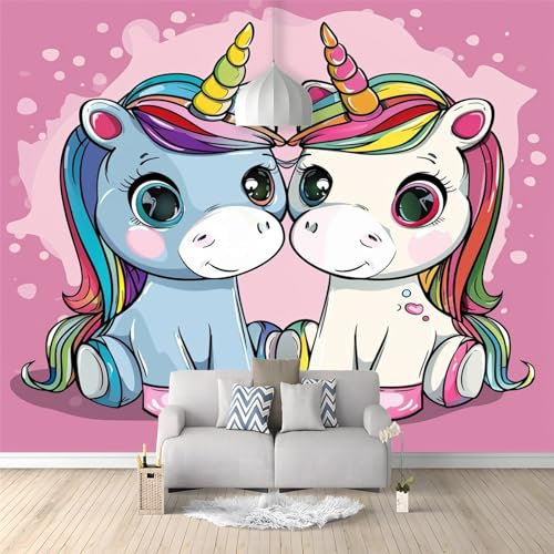 3D Effekt Cartoon-Tier-Einhorn Wandtapete - Fototapete für Wohnzimmer und Kinderzimmer | Wanddeko Tapete | 250 (B) x 175 (H) cm
