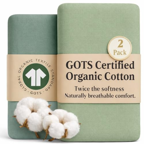 Bunnyjik GOTS Lot de 2 draps-housses bio pour berceau 120 x 60 cm - Confortable et luxueux - 190 g/m² - Coton bio - 100 % coton peigné bio - Draps de lit pour bébé de 60 x 120 cm