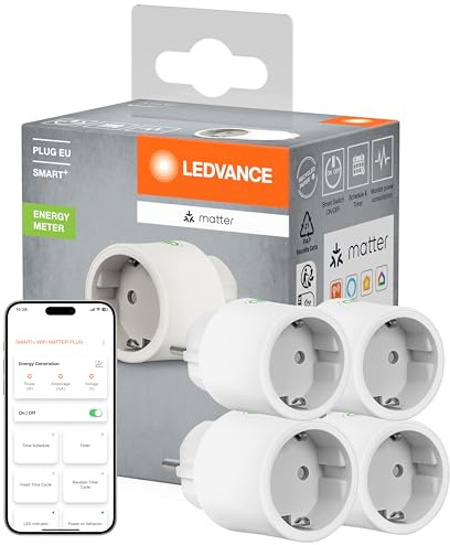 LEDVANCE SMART+ Indoor Plug, Smarte Steckdose mit Matter over WiFi, zur Einbindung konventioneller Geräte ins Smart Home, kompatibel mit Alexa, Google & Apple, misst&spart Stromverbrauch, weiss,4-Pack