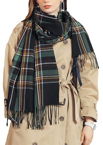 Rayson Kashmirimitation, damhalsduk, varm kappa, elegant, tjock, vändbar tartansjal med långa fransar, svart, One Size