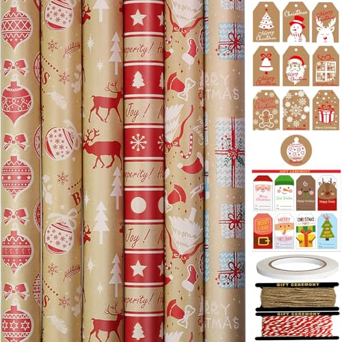 FullJoyHut 6 Rollen Weihnachtsgeschenkpapier je 43cm x 3M - Geschenkpapier Weihnachten Rollen Set Kraftpapier Weihnachtspapier mit Geschenkanhänger Geschenkband für Xmas Geschenkverpackung