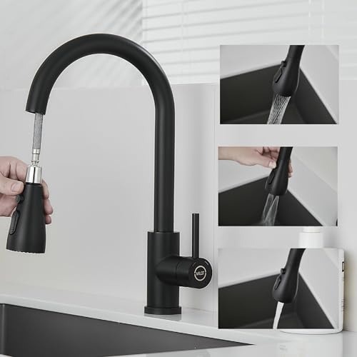 MILOT Kitchen Tap, 4 Spray Modes with Pause Mode, 360° Swivel Spout Kitchen Sink Taps, Kitchen Mixer Taps 1 Hole (Matte Black)