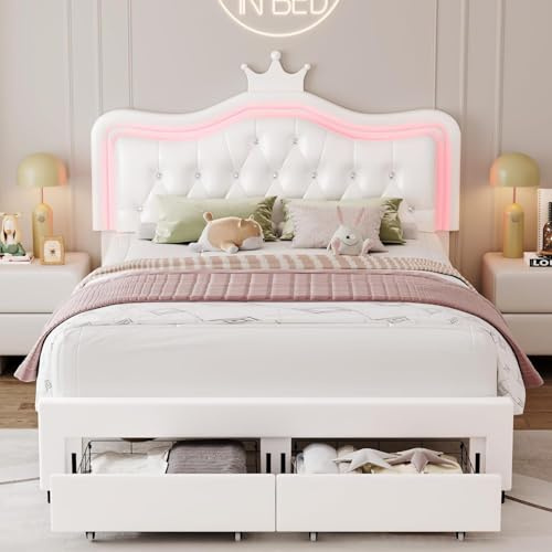 Générique Lit 2 Place Enfant Fille 140 x 200 cm avec Lampes LED,Lit Couronne Fille avec Tête de Lits réglable en Hauteur et 2 tiroirs, PU lit Simple pour en Cuir,Blancs (Matelas Non Inclus)