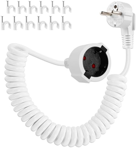 Schuko Verlängerungskabel Spiral 2M, Schutzkontakt Spiralverlängerung dehnbar von 0.75m auf 2m, 3680W Spiralkabel Verlängerung Spiralleitung Kabelstecker Kabel mit Schuko Stecker & Kupplung, Weiß