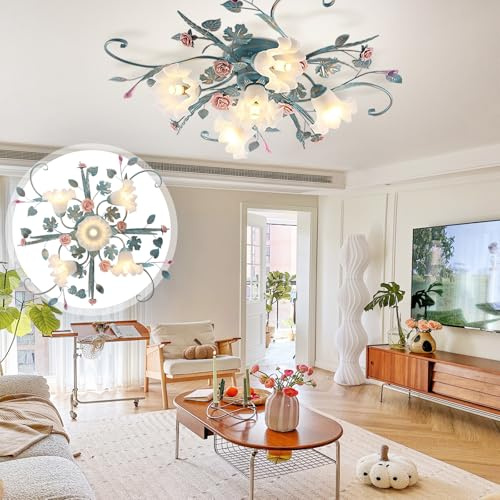 Deckenleuchte Landhaus,5 Köpfe Einstellbares Licht Vintage Blumen Design Deckenlampe,Kronleuchter Mit Glas Lampenschirm Und Rosa Rosen Keramik Für für Wohnzimmer Schlafzimmer Esszimmer (Blau )