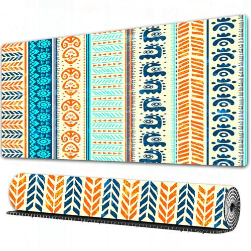 FEHWI 90×40 cm Verlängertes großes Mauspad Schreibtischauflage,Tibal, aztekisches antikes Vintage-Ethno-Muster mit indianischen Volksfigur,genähte Kanten Gaming mauspads,rutschfeste Gummibasis
