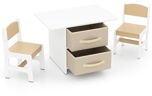 LIFEZEAL Barnbord med 2 stolar, barnbordsgrupp, trä med förvaringsutrymme, multifunktionellt aktivitetsbord, barnstolsgrupp för barn från 4 år (beige)
