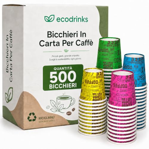 500 Bicchieri Caffe Carta maiolica Da 75ml - Set Bicchierini Monouso per Bevande Calde/Fredde - Biodegradabili, Eco-friendly e Made in Italy, Arcobaleno