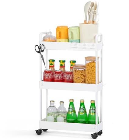 FoiiLiio Carrito Auxiliar de 3 Niveles,Carro de Cocina Estrecho Alto con Ruedas,Carro de Almacenamiento,Carrito con Ruedas para Cuarto de baño,Cocina,38.8 x 12.5 x 65 cm,Blanco
