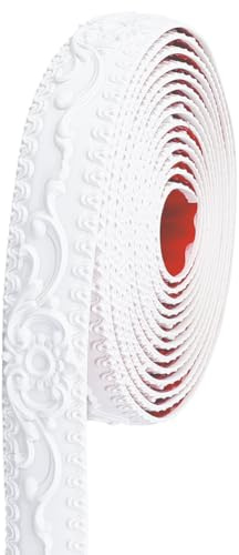CRASPIRE Snidad blomma, skala och fäst-gjutning, trim, självhäftande flexibel krona ing, 3D-remsa för kakel, väggpaneler, bild, spegel, ram, kant, hörn, tak, tapet, dekor, vit, 5 m (16,4 fot)
