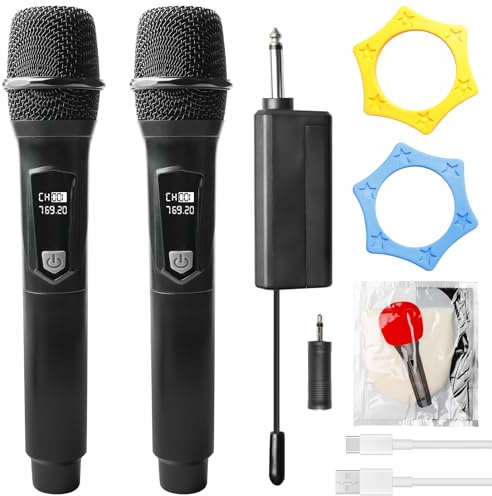 2 Stück Kabelloses Mikrofon, Handmikrofonsystem mit Wiederaufladbarem Empfänger,Wiederaufladbares UHF-Dual-Funkmikrofon,Dynamisches Kabelloses Dual-Mikrofon zum Singen von Karaoke,DJ, Party(Schwarz)