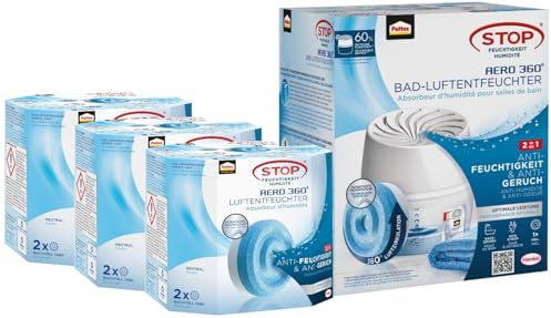 Pattex AERO 360° Luftentfeuchter für das Badezimmer, effektive Luftzirkulation, 1 Gerät inkl. 1 Nachfüll Tab & Neutral Tabs Nachfüllpack, 3x 2er-Pack (2x450g)