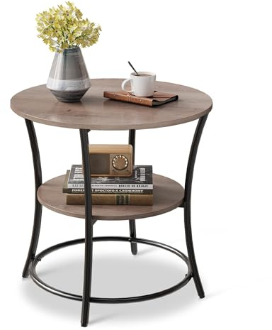 WLIVE Beistelltisch Holz, Kleiner Couchtisch Rund mit 2 Etagen Stauraum, Nachtschrank mit Metallbeine, Sofatisch für Balkon, Büro, Kleine Räume, Grau Braun