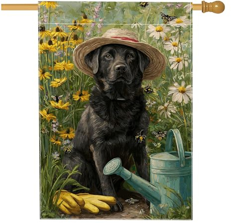 Frühlingssommer-Gartenflagge, schwarzer Hund mit Strohhut und Schmetterlingen, Outdoor-Dekoration, doppelseitige Jute-Hofflagge für Heimdekoration, Rasen und Gartenparty, 71,1 x 101,6 cm