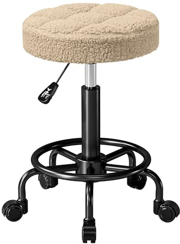 HOMCOM Taburete Giratorio Redondo Taburete con Ruedas Altura Regulable 50-66 cm Asiento Tapizado en Tejido de Borreguito para Salones Talleres SPA Masaje Marrón Claro