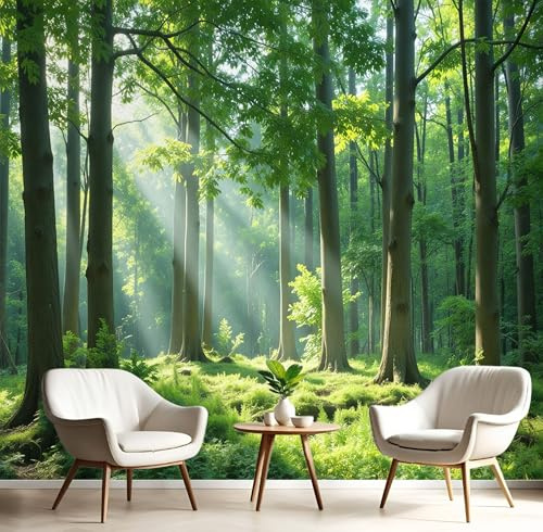 Fotomurale Soggiorno Verde Foresta Del Sole,Carta Da Parati 300X210Cm Murale Paesaggio Fresco 3D Alla Decorazione Da Muro Xxl Poster Gigante Cameretta Per Camera Da Letto