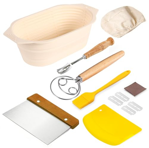Proofing Basket Set, 24 cm Silicone Proofing Basket for Bread Baking Including Baker's Knife, Dough Cutter, Dough Card, Danish Dough Whisk Made of Stainless Steel, Silicone Brush, Proofing Cover