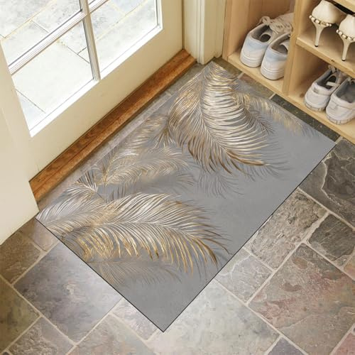 JEDTAKCT Hojas De Palma De Metal 3D Felpudo De Entrada 80X120Cm, Plantas Grunge Pelo Corto Alfombra Interior De Bienvenida Antideslizante, Gris Lavable Alfombrilla, Cocina Pasillo Dormitorio