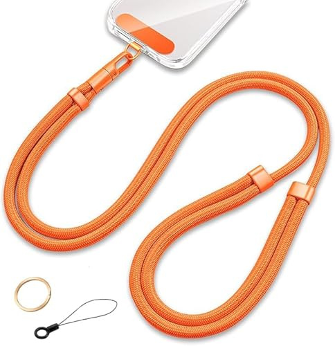 Casecret Cordon Telephone Portable Tour de Cou Universelle avec Patch Collier de Longe Porte-clés Sangles réglables en Nylon pour iPhone 17 Pro 16 Samsung Sport, Voyage, Outdoor Homme Femme Orange