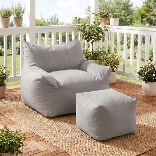 Pamapic Bean Bag, Bean Bag Chair Indoor Outdoor Weather Resistant, Large Beanbag Sofa with Footstool, BeanBag Adult with FIlling Included, Comfy Chair for Gaming Room, Bedroom, Polyester, Light Grey
