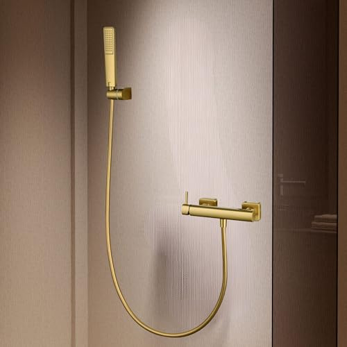 IMEX - Grifo Ducha Monomando con Alcachofa y Manguera Oro Cepillado | Grifería en Latón y Acero Inoxidable S.304 con Cartucho Monomando Cerámico | Serie Toscana | Color Dorado