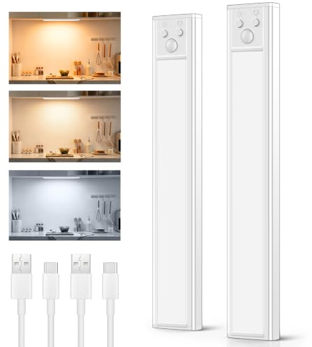 20CM Schrankbeleuchtung Unterbauleuchte Küche LED Lampe, Bewegungsmelder Licht Akku Schrank Beleuchtung, Batterie Leuchte Lichtleiste Küchen USB Aufladbar Dimmbar 3 Farbe, Stark Magnet Schranklicht
