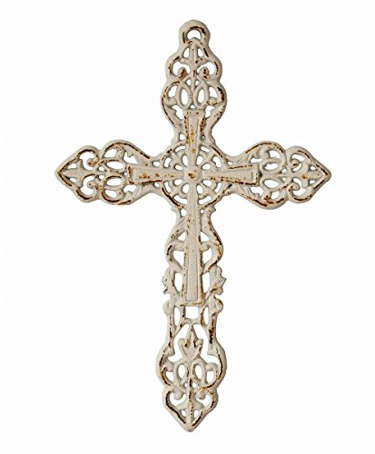 Stonebriar SB-5793A Decorative Distressed Cast Iron Wall Cross with Hanging Loop, 13 Inch, Worn White