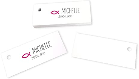 in due 28 Kärtchen Fisch personalisiert mit Vornamen & Datum 7,5 x 3 cm pink grau - Mädchen Taufe Kommunion Mandelspruch Gastgeschenke Mandeln Bastelbedarf