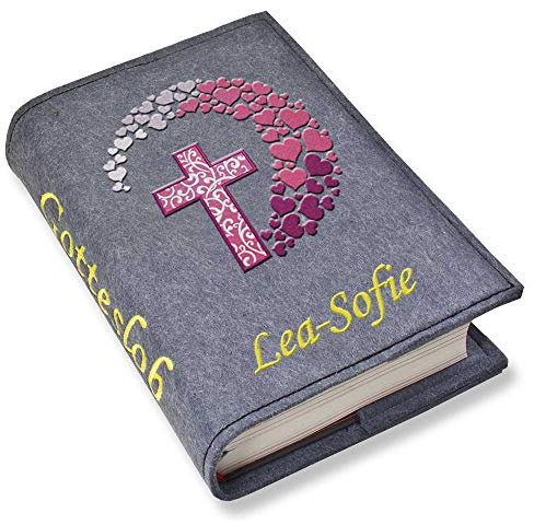 SL-Store GbR Gotteslob Gotteslobhülle Großdruck Kreuz Herzen pink Filz mit Namen bestickt hellgrau weiß dunkelgrau lila blaugrau dunkelblau türkis maigrün flieder, Farbe:blaugrau meliert