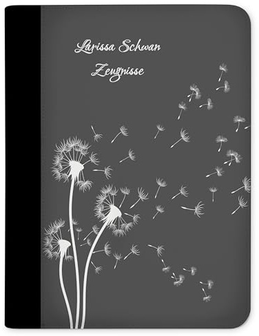 CreaDesign Zeugnismappe A4 mit Namen personalisiert – Pusteblume Grau – für Mädchen – Dokumentenmappe Schule ohne Klarsichthüllen