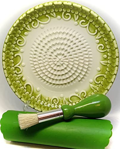 BonCera, Premium Ceramic Garlic Grater Plate Set - Green Embossed | All-in-One 4-Piece Set includes 5.25 Plate, Peeler, Brush, and Stand - For Garlic, Ginger, Fruits, Strawberries, and more!