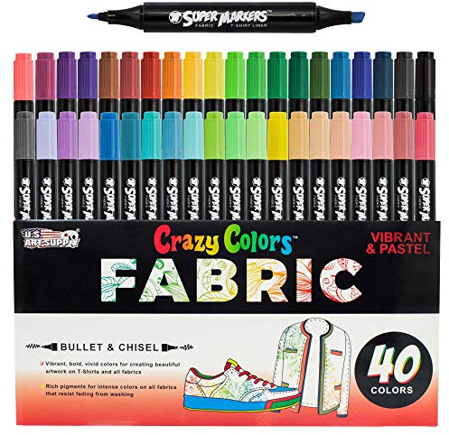 U.S. Art Supply Super Markers 40 Primary & Pastel Dual Tip Fabric Markers - Fine & Chisel Point Pens Fabric Marker Permanent for Clothes, T-Shirts - Permanent Ink Eye-Catching Pastel Colors