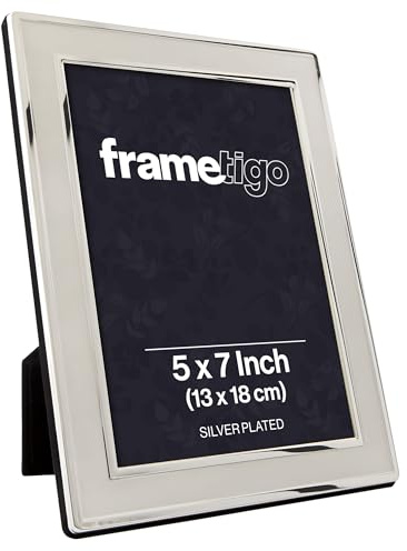 Frametigo - Silver Plated Plain Satin Photo Frame, 5x7 (13x18cm) Photo Size - Velvet Frame Backing & Stand - Real Glass Window - Tarnish-Resistant - Landscape or Portrait Orientation