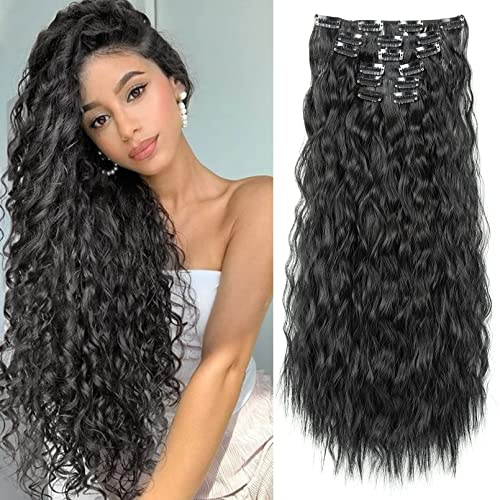 LONAI Clip In Hair Extensions, 6PCS 24 Black Hair Extensions Long Mermaid Waves Wavy Synthetic Clip On Hairpiece For Women（Black）