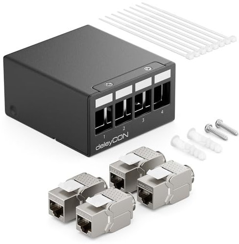 deleyCON Patch Panel 4 Porte Set Sezionatore 1RU + 4 Moduli Keystone Jack RJ45 STP CAT6a Compatibile con Cavo di Installazione CAT5 CAT6 CAT6a CAT7 Cavo di Rete Ethernet LAN DSL - Nero