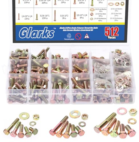 Glarks 512 Stück Grobgewinde Sechskantschrauben Muttern Schrauben Unterlegscheiben Sortiment Kit, 1/4-20 5/16-18 3/8-16 Zoll 15 Größe Sechskantschrauben und Sechskantmuttern flache Unterlegscheiben