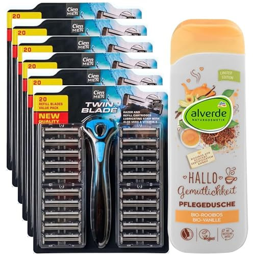 Cien Men TWIN BLADE LIDL Rasiersystem Shaving System 6 Rasierer mit 120 Rasierklingen (6 Nassrasierer + 120 Doppelklingen-Rasierköpfe) + alverde NATURKOSMETIK Duschgel HALLO GEMÜTLICHKEIT, 250 ml
