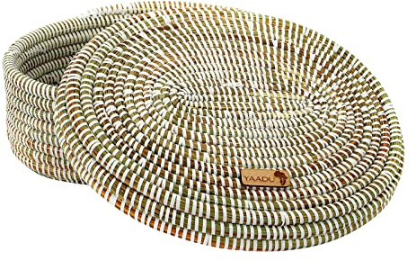 Brotkorb 32 cm Aufbewahrungsbox mit Deckel, geflochtener Regalkorb | Savannengras & recycelter Kunststoff, handgefertigt in Afrika, für Küche, Bad & Regal, Boho Design, pflegeleicht