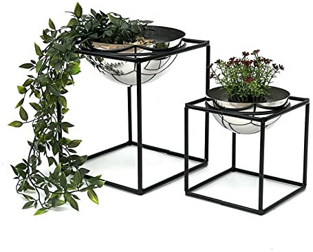 DanDiBo Taburete de metal con maceta, soporte para flores, color negro y plateado, juego de 2 unidades, columna de flores, moderno soporte para plantas, taburete para plantas