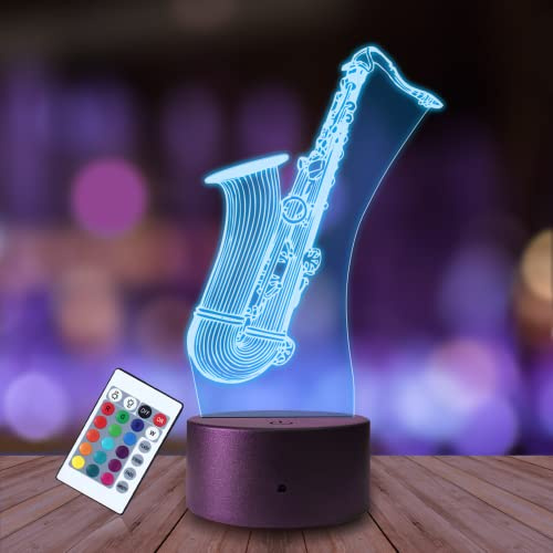 Plexido Nachtlicht Saxophon Klarinette Instrument Illusion Lampe 3D Nachttischlampe Geschenk für Kinder Personalisiert Graveur Weltraum Kinderzimmer LED Licht Fernbedienung 16 Farbwechsel Wohnzimmer