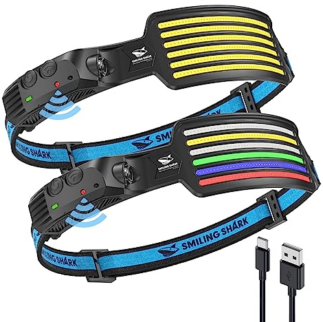 Smiling Shark LED Kopflampe, 2 Stück Wide Angle 6*LED Weiß Rot Blau Grün Licht die Super Hellste Stirnlampe Wiederaufladbar Wasserdichte Camping Angeln, Stirnlampe-Headlamp-Camping-Kopflampe