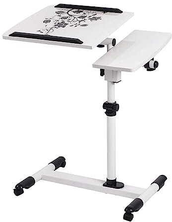 POCHY Betttisch mit neigbarer Oberseite, mobiler Stehschreibtisch, Verstellbarer Beistelltisch, feststellbare Rollen, Betttisch mit Stahlrahmen, Laptop-Schreibtisch