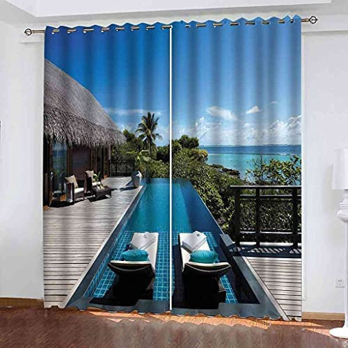 Gardinen Wohnzimmer Modern 2Er Set Verdunkelungsvorhang Ösenvorhang 3D Gedruckt Insel Holzhaus Strandkorb Polyester Geräuschreduzierung Vorhang Für Zimmer Büro Schlafzimmer Küche 280 (B) X 180 (H) cm