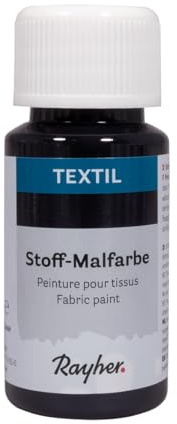Rayher Textil Stoffmalfarbe, schwarz, Flasche 50 ml, cremige, leuchtende Acrylfarbe speziell für helle Textilien, hochdeckend, waschbeständig ohne Thermofixierung, 35062576